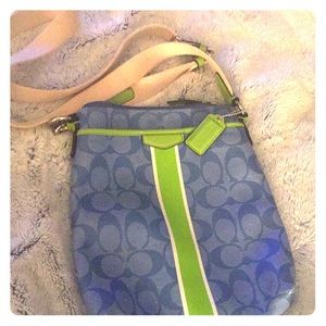 Light blue with green stripe with white strap